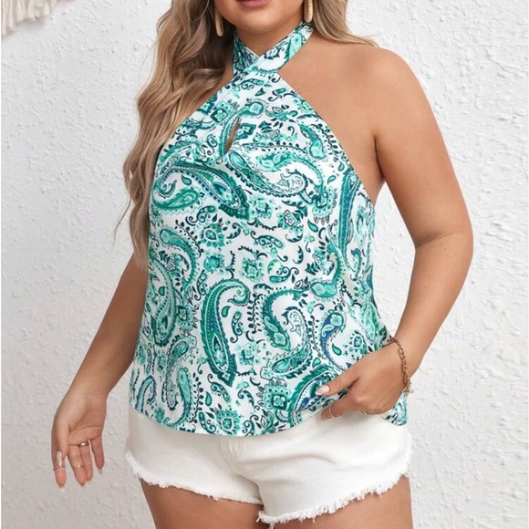 Plus Size Boho Paisley Print Crisscross Front Halter Neck Top Blouse Shirt - Picture 12 of 14